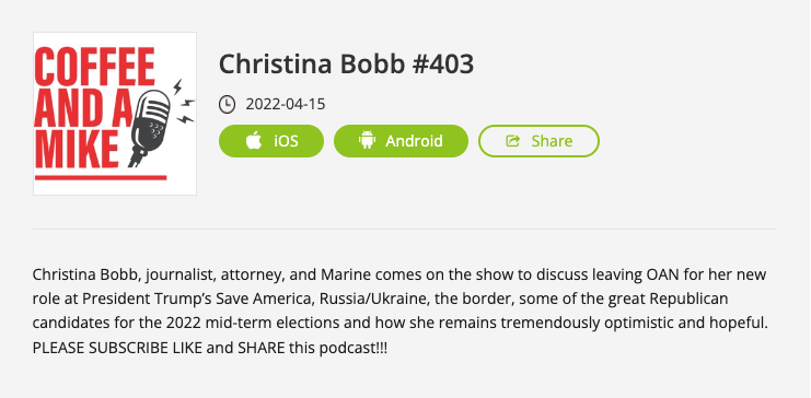 Christina Bobb appears on fringe podcast thats also hosted holocaust deniers and white nationalists. Discussing new role at Trump Save America Pac and midterms 2022.