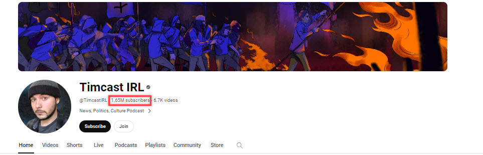 A screenshot of Tim Pool's YouTube bio 