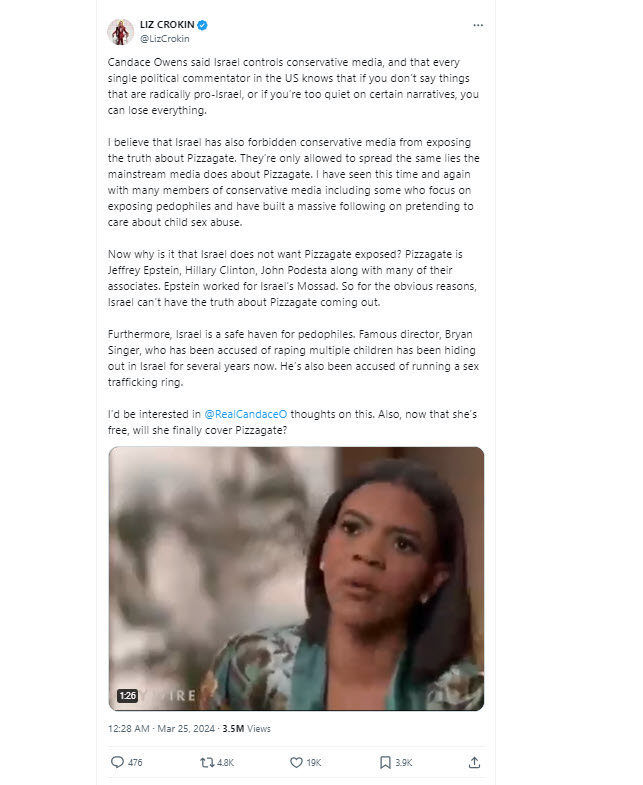 A screenshot of a tweet from Liz Crokin