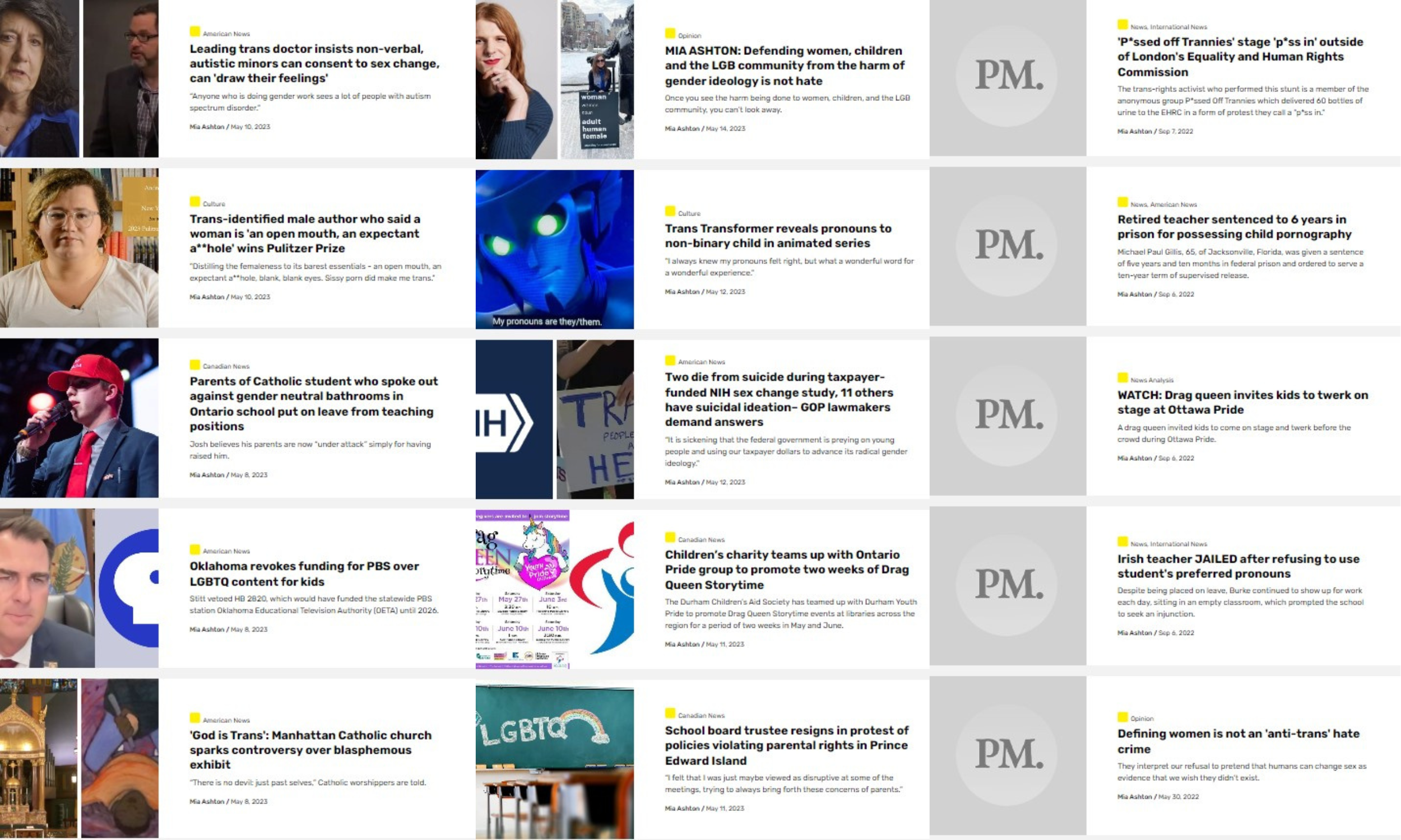 screenshots the thumbnails of a couple dozen anti-trans articles from Post Millennial written by Mia Ashton