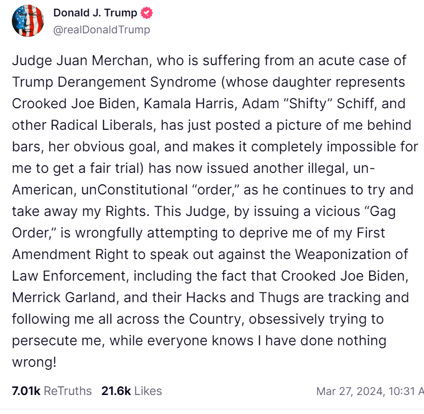 Donald Trump Truth Social 3/27/24