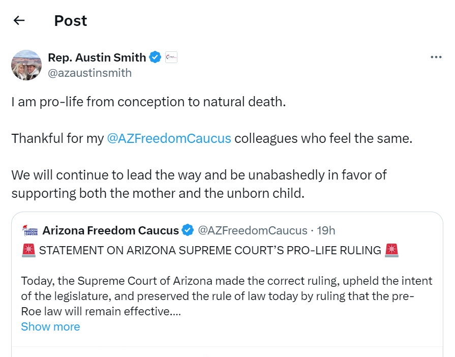  Rep. Austin Smith tweet on AZ abortion ruling