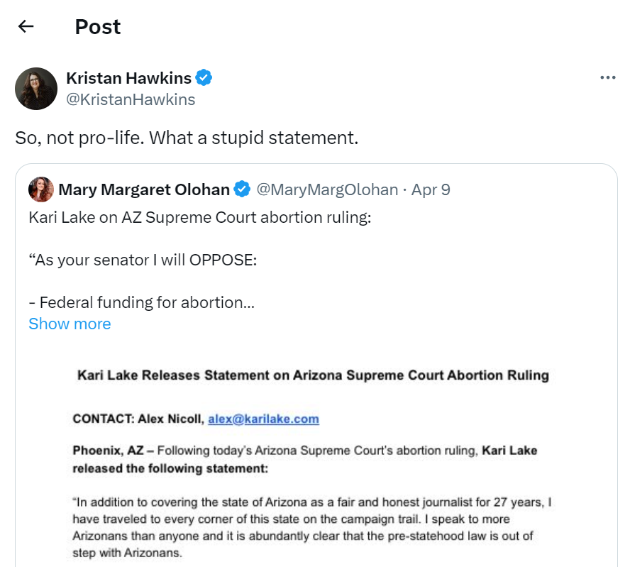 Kristan Hawkins on Kari Lake opposing AZ abortion ruling