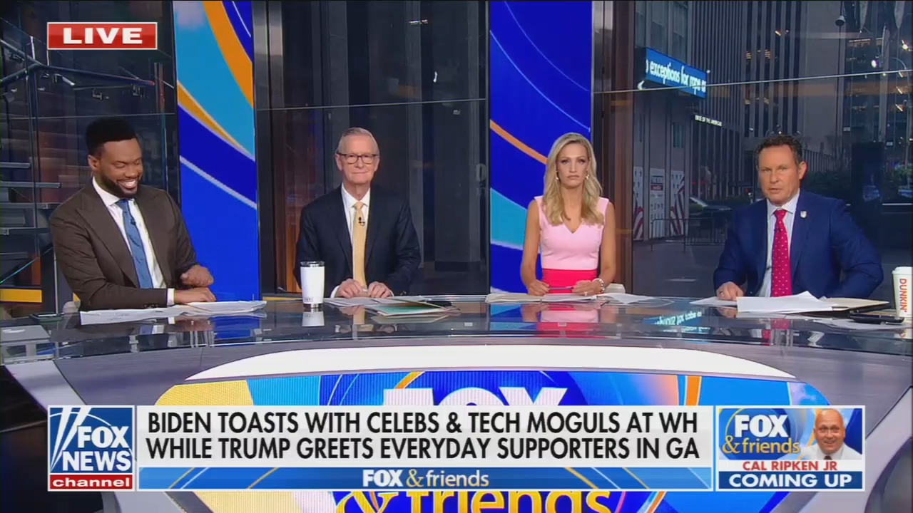 Fox News chyron: "Biden toasts with celebs and tech moguls at WH while Trump greets everyday supporters in GA"