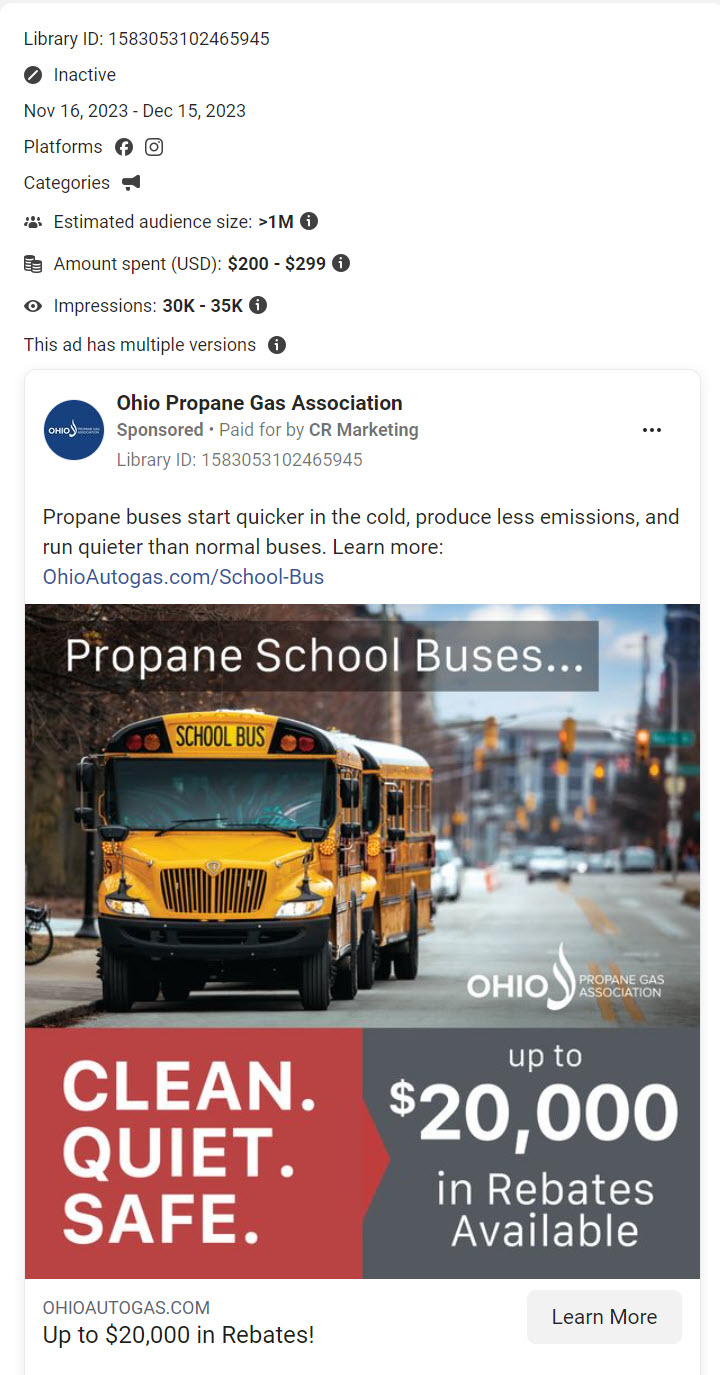 ad for "clean" propane buses with a politics and social issues label 
