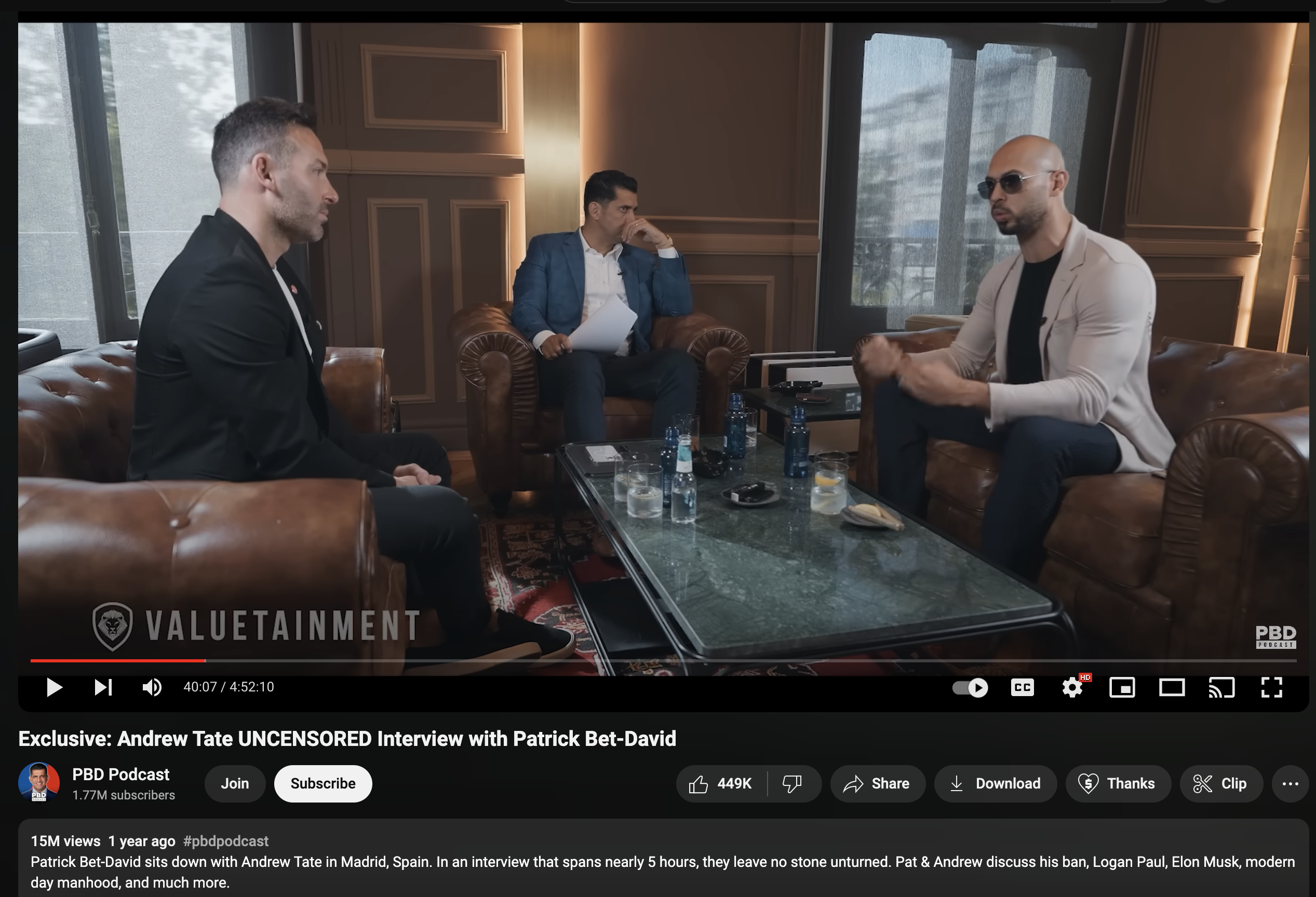 Screenshot of the YouTube upload of the September 13, 2022, interview of Andrew Tate on the PBD Podcast