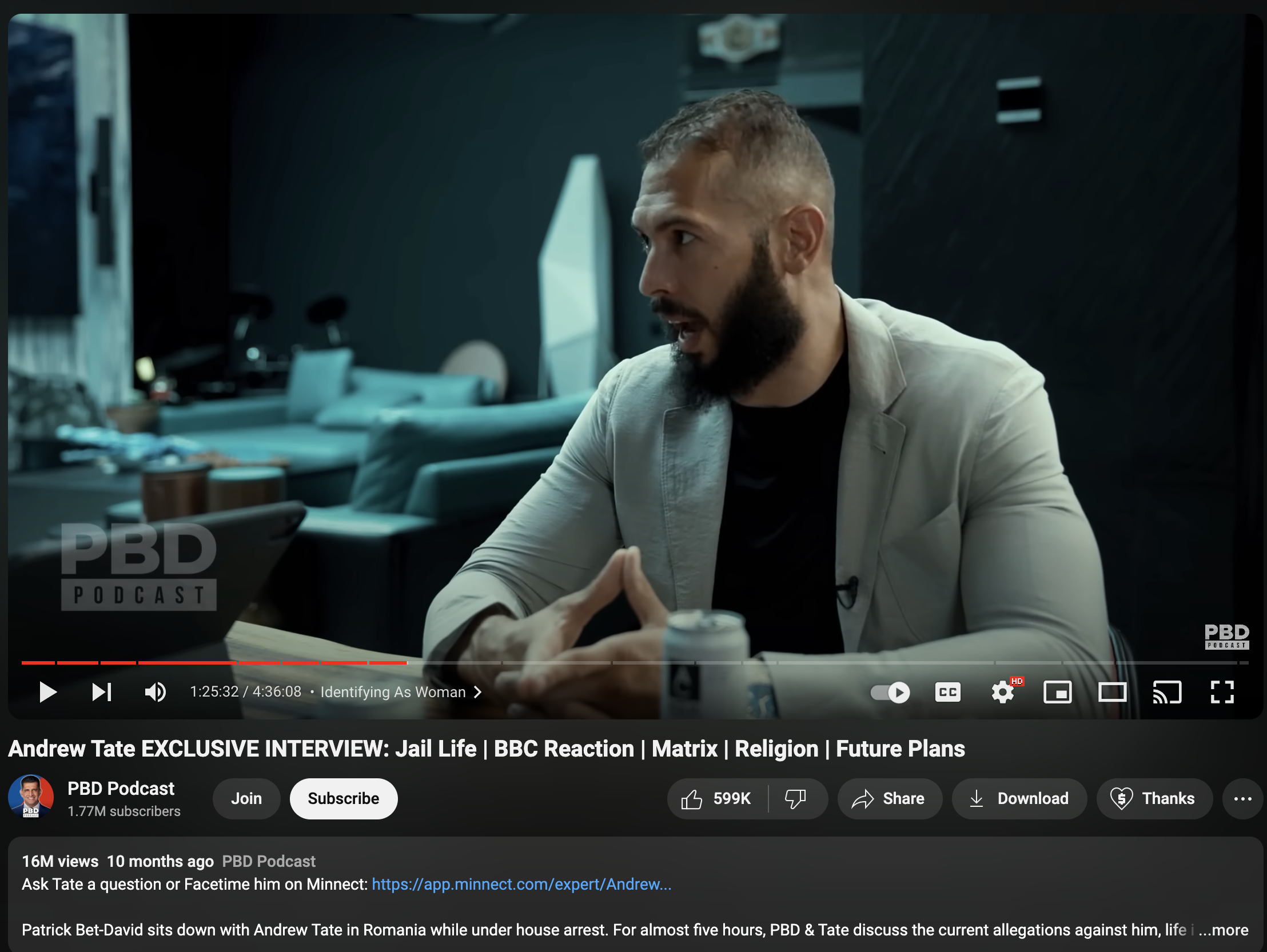 Screenshot of the YouTube upload of the June 12, 2023, interview of Andrew Tate on the PBD Podcast