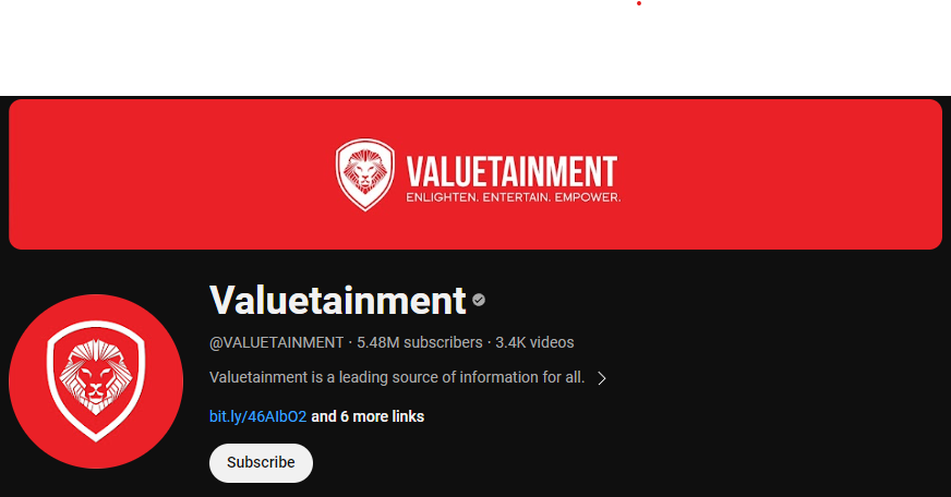 Valuetainment YouTube page subscriber count