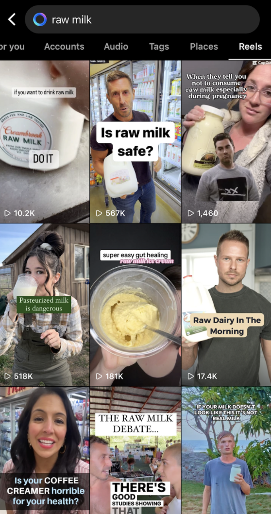 "Raw milk" search on Reels
