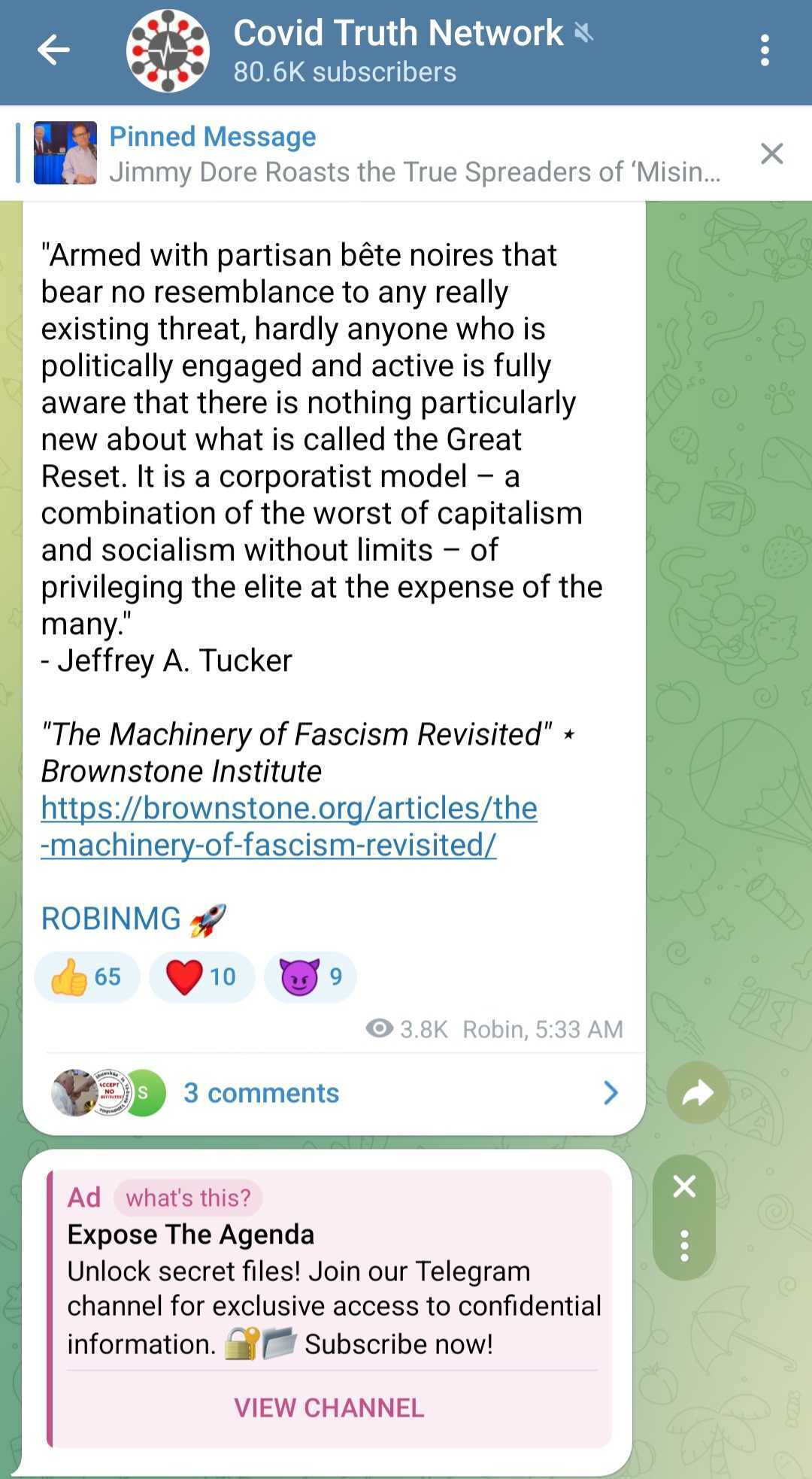 Covid Truth Network Telegram ads