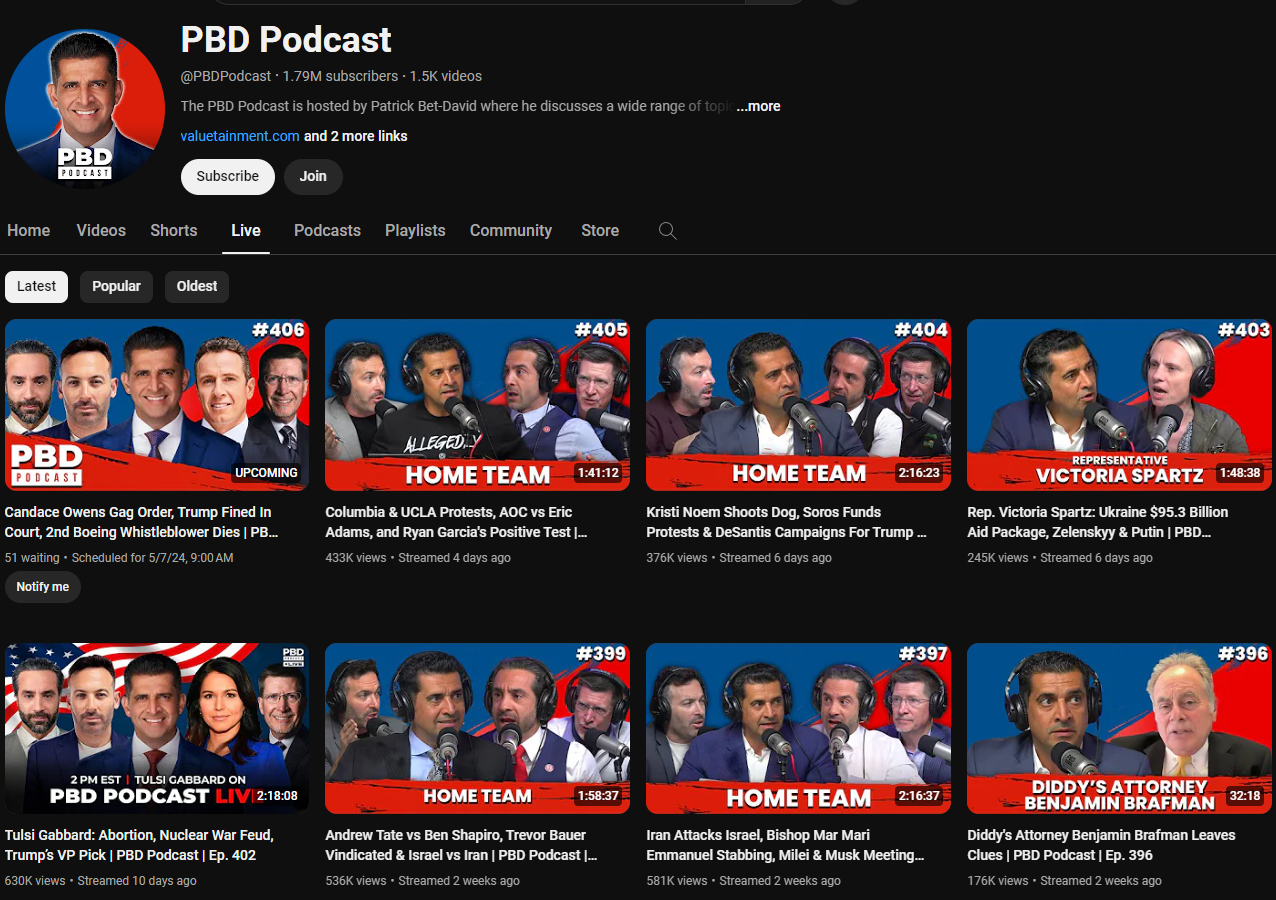 PBD Podcast YouTube channel live uploads section