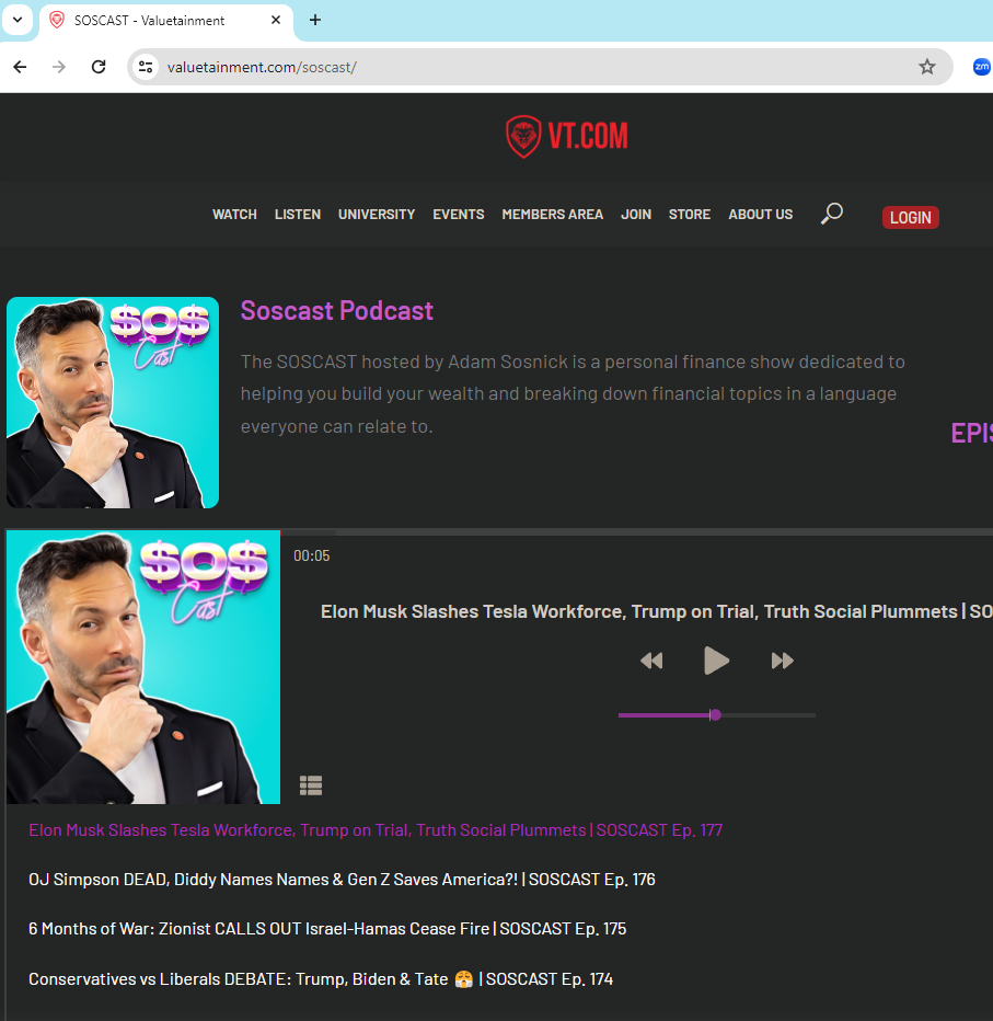 Screenshot of the Valuetainment page for Soscast