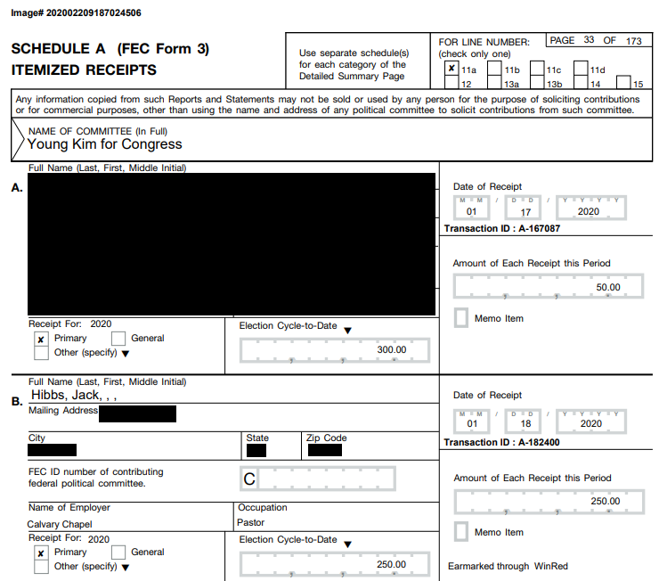 Jack Hibbs' donation to Young Kim