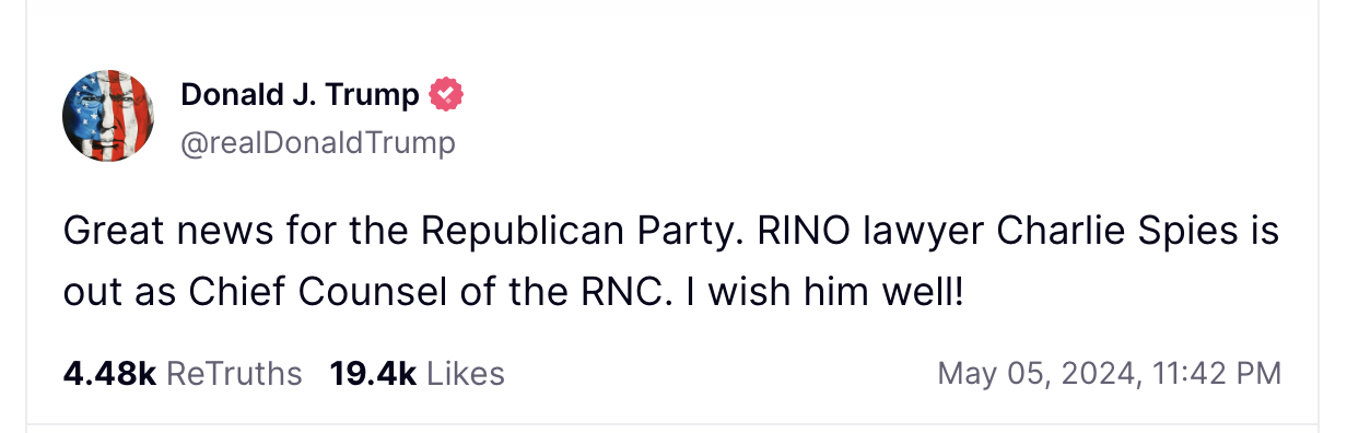 Great news for the Republican Party. RINO lawyer Charlie Spies is out as Chief Counsel of the RNC. I wish him well!