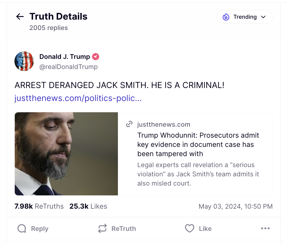 Trump truth social jack smith arrest