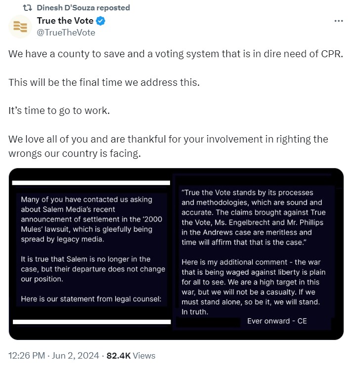 Image of tweet by True the Vote retweeted by Dinesh D'Souza