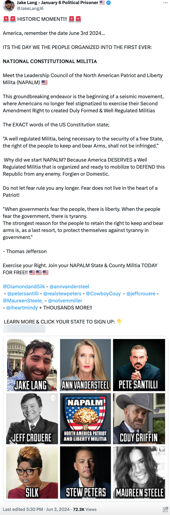 Jake Lang militia tweet