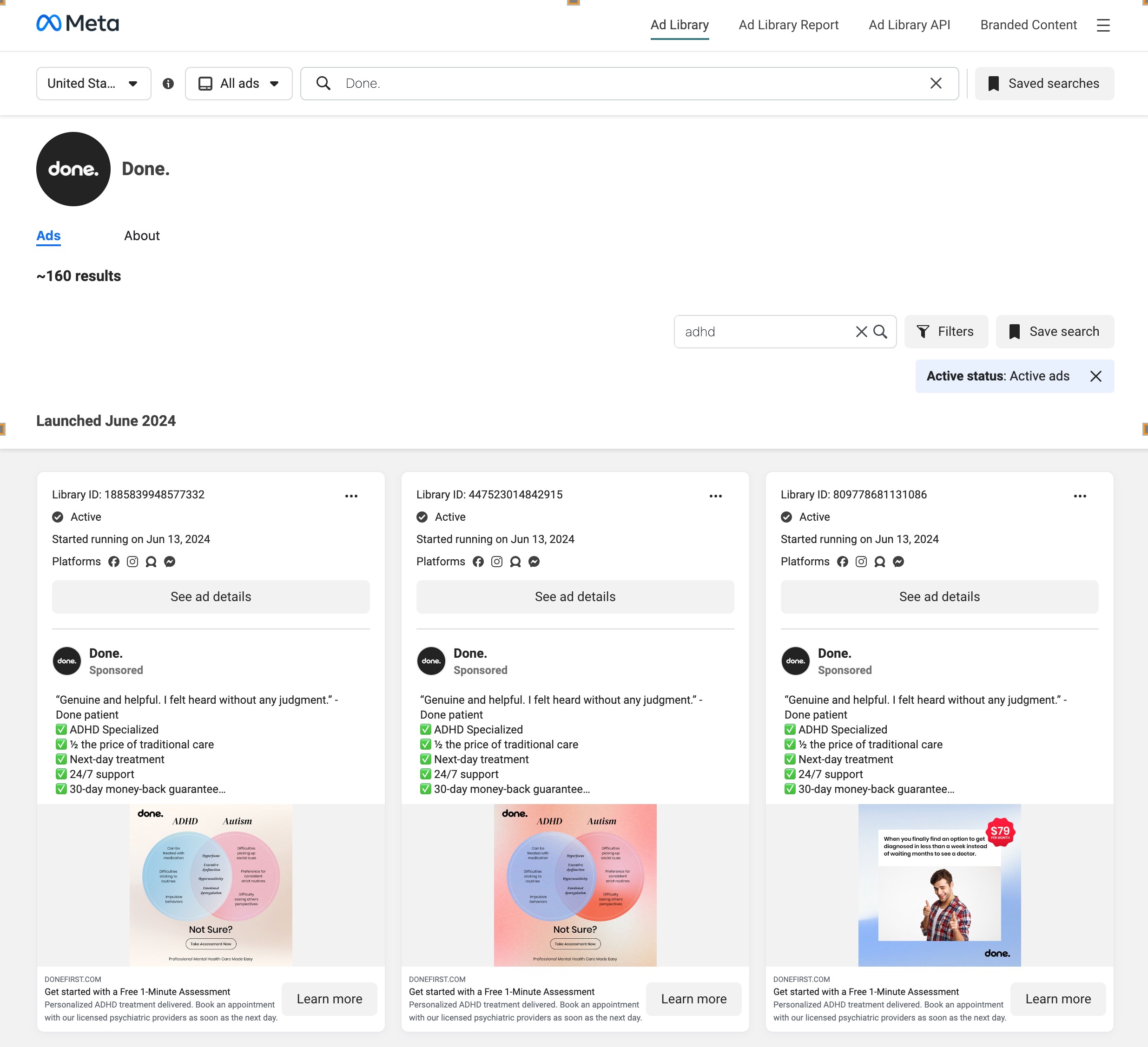 results of search for active ads from Done that mention ADHD
