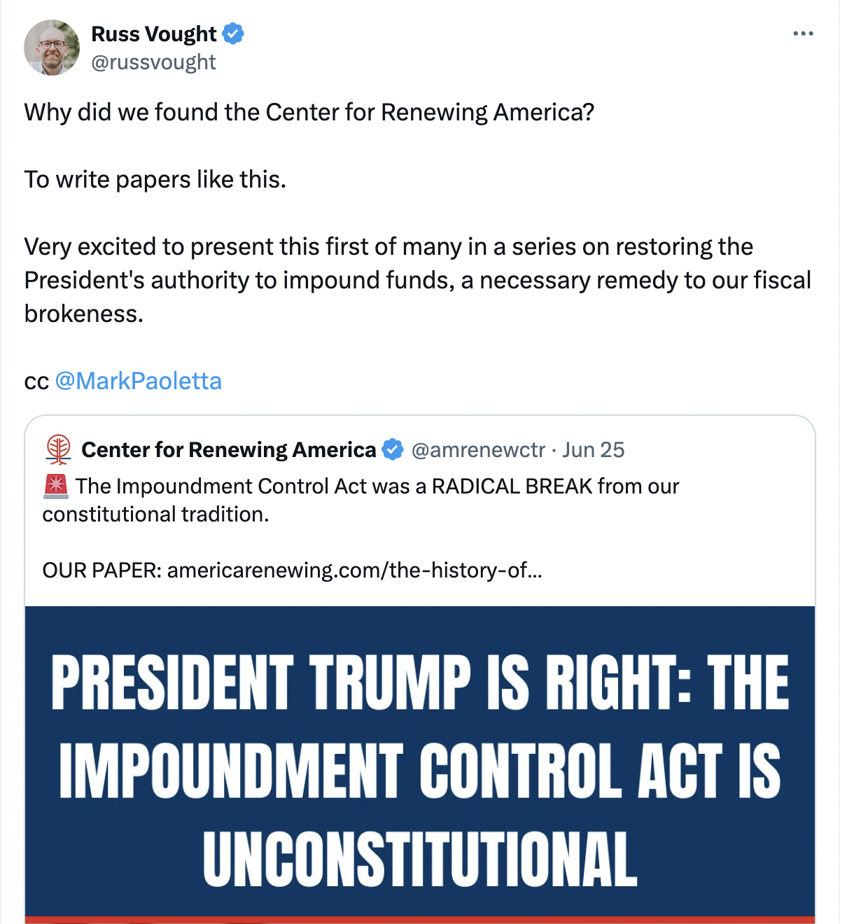 Why did we found the Center for Renewing America?  To write papers like this.   Very excited to present this first of many in a series on restoring the President's authority to impound funds, a necessary remedy to our fiscal brokeness. 
