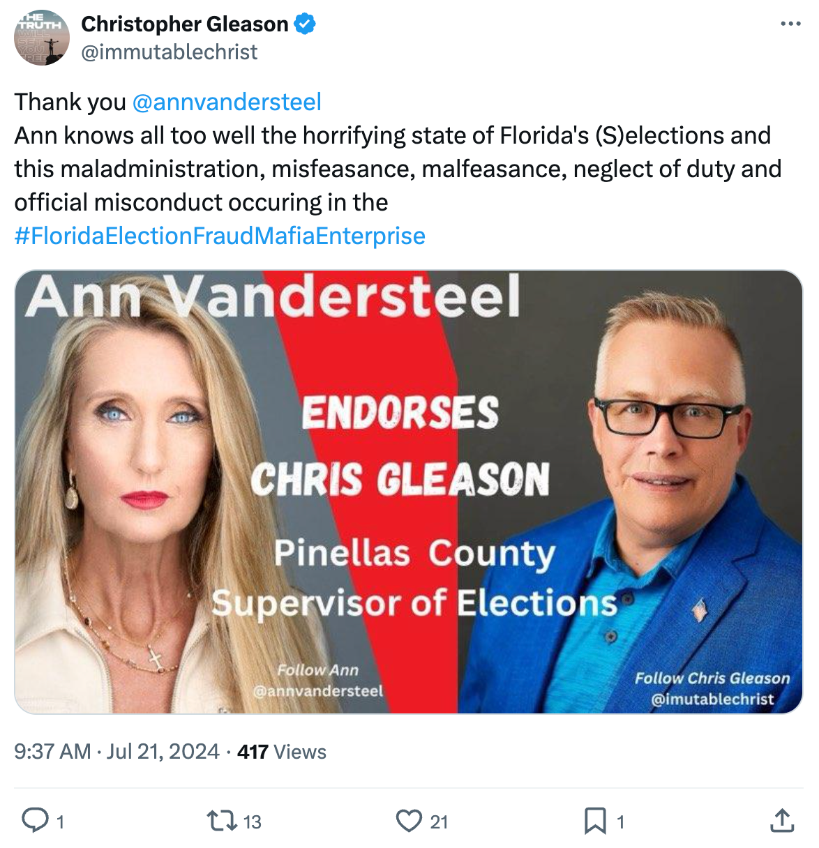 Gleason Vandersteel endorsement