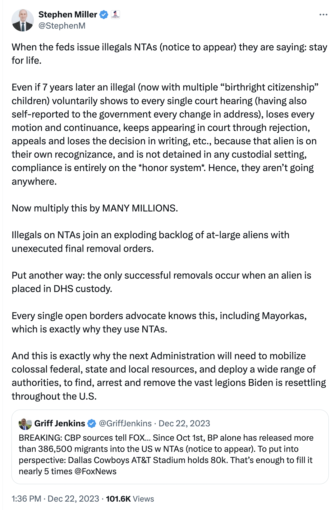 Even if 7 years later an illegal (now with multiple “birthright citizenship” children) voluntarily shows to every single court hearing (having also self-reported to the government every change in address), loses every motion and continuance, keeps appearing in court through rejection, appeals and loses the decision in writing, etc., because that alien is on their own recognizance, and is not detained in any custodial setting, compliance is entirely on the *honor system*. Hence, they aren’t going anywhere. 