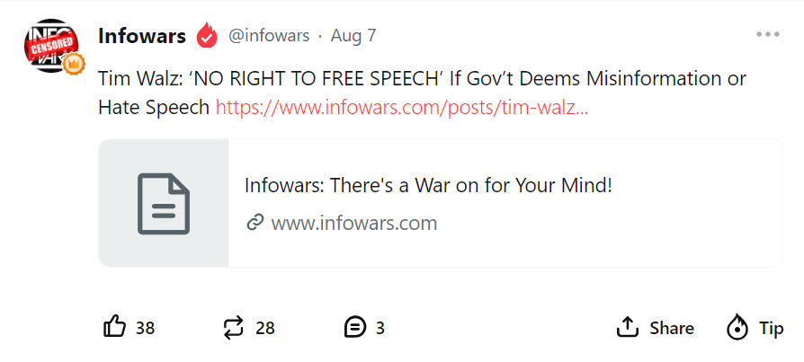 Tim Walz: ‘NO RIGHT TO FREE SPEECH’ If Gov’t Deems Misinformation or Hate Speech