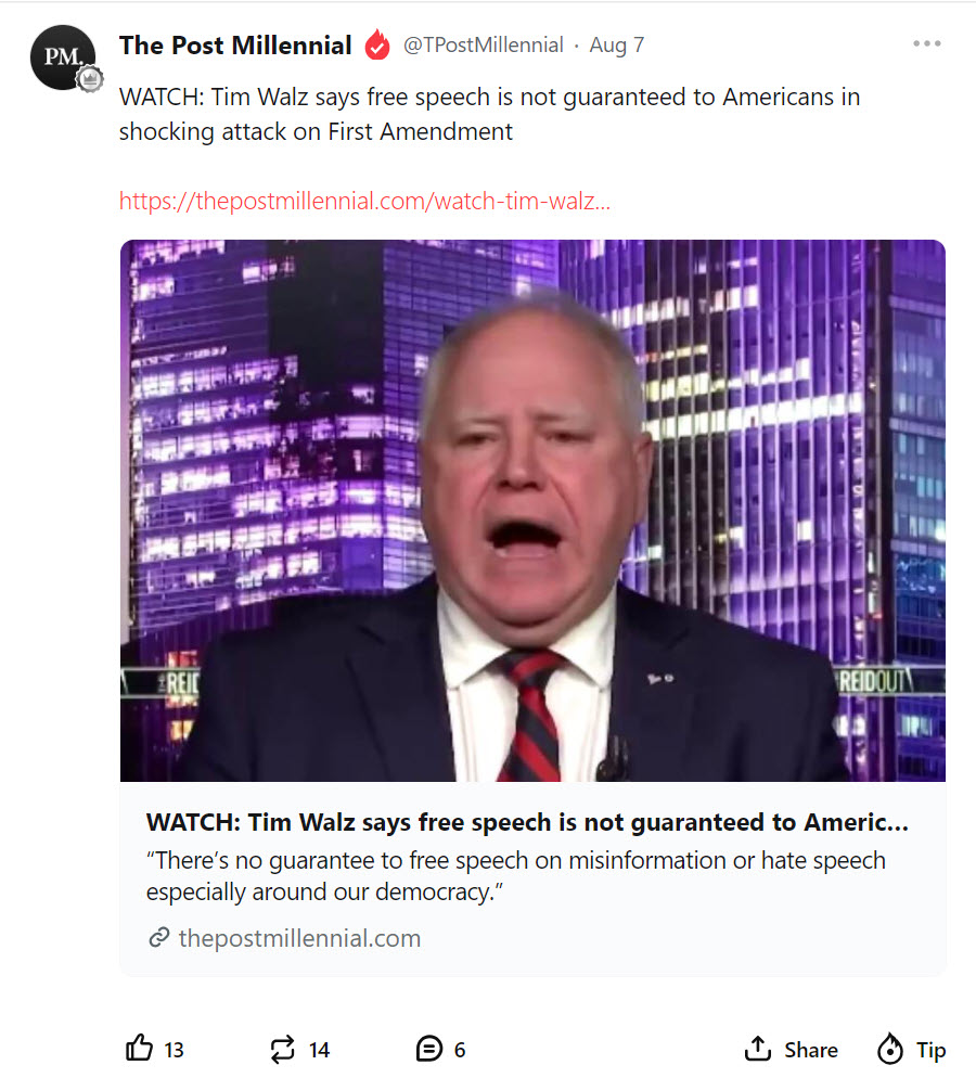 tim walz says free speech is not guaranteed to americans in shocking attck on first amendment