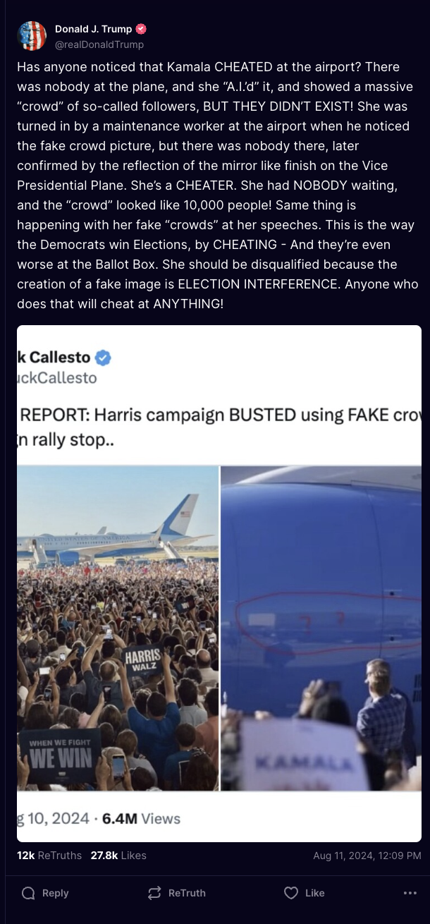 Trump Truth Social post, AI conspiracy theory