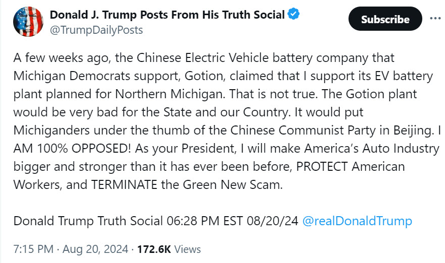 Trump rails about new EV plant in Michigan