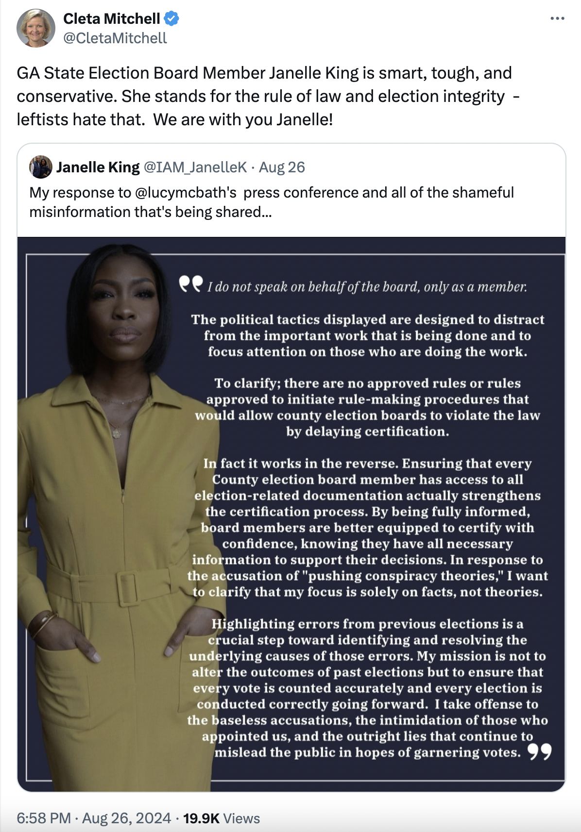 GA State Election Board Member Janelle King is smart, tough, and conservative. She stands for the rule of law and election integrity  - leftists hate that.  We are with you Janelle!
