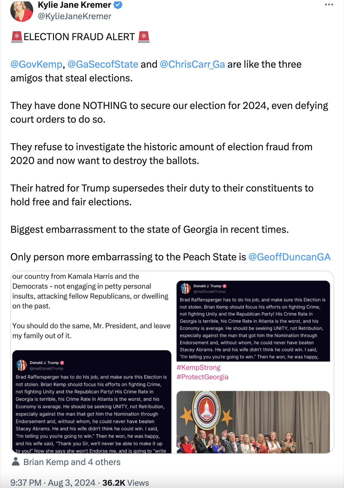 🚨ELECTION FRAUD ALERT 🚨   @GovKemp ,  @GaSecofState  and  @ChrisCarr_Ga  are like the three amigos that steal elections.   They have done NOTHING to secure our election for 2024, even defying court orders to do so.   They refuse to investigate the historic amount of election fraud from 2020 and now want to destroy the ballots.   Their hatred for Trump supersedes their duty to their constituents to hold free and fair elections.   Biggest embarrassment to the state of Georgia in recent times.   Only person 
