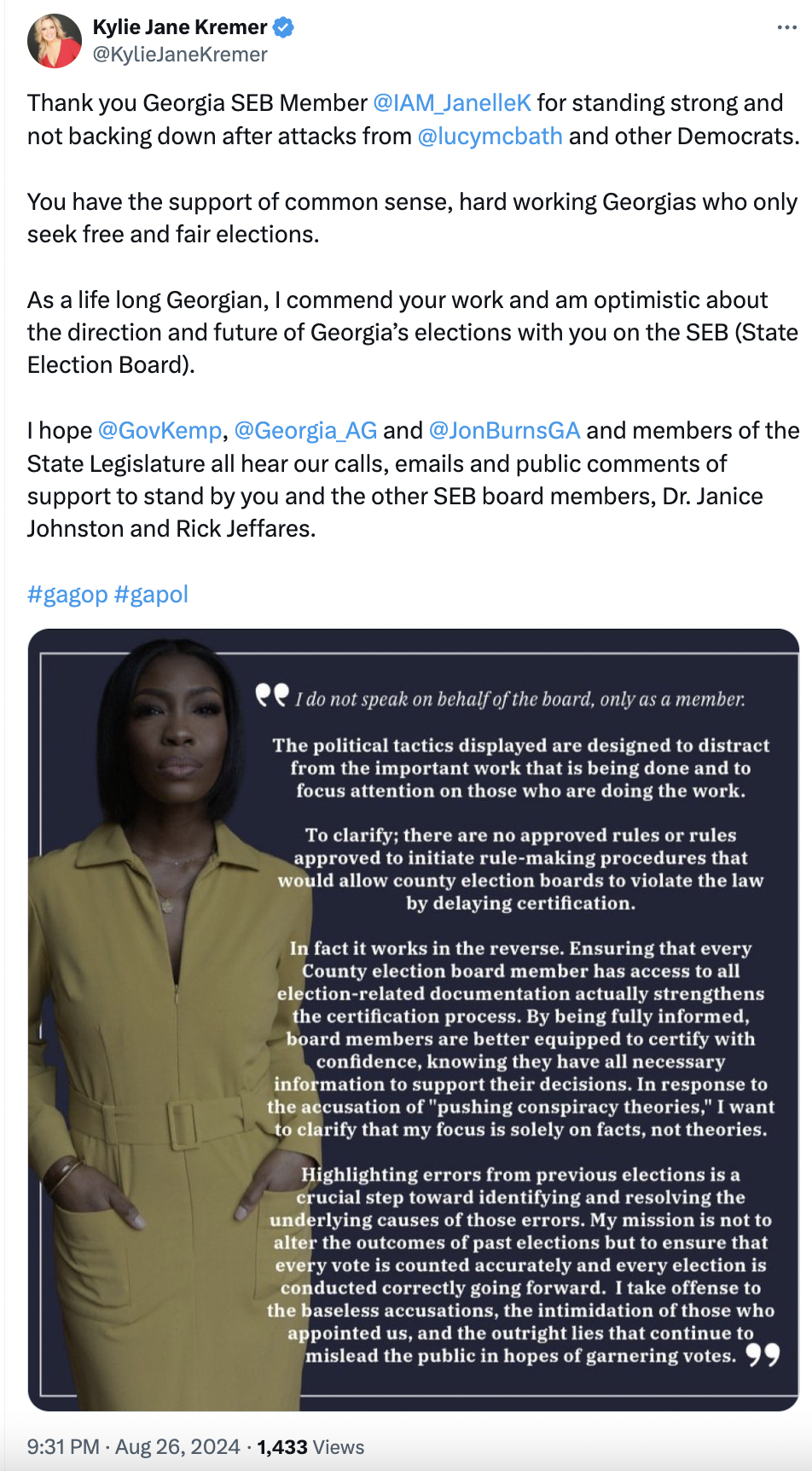 Thank you Georgia SEB Member  @IAM_JanelleK  for standing strong and not backing down after attacks from  @lucymcbath  and other Democrats.   You have the support of common sense, hard working Georgias who only seek free and fair elections.   As a life long Georgian, I commend your work and am optimistic about the direction and future of Georgia’s elections with you on the SEB (State Election Board).    I hope  @GovKemp ,  @Georgia_AG  and  @JonBurnsGA  and members of the State Legislature all hear our call