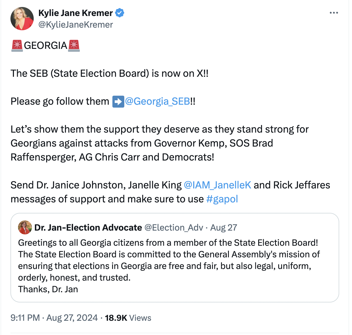🚨GEORGIA🚨  The SEB (State Election Board) is now on X!!  Please go follow them ➡️ @Georgia_SEB !!  Let’s show them the support they deserve as they stand strong for Georgians against attacks from Governor Kemp, SOS Brad Raffensperger, AG Chris Carr and Democrats!  Send Dr. Janice Johnston, Janelle King  @IAM_JanelleK  and Rick Jeffares messages of support and make sure to use #gapol