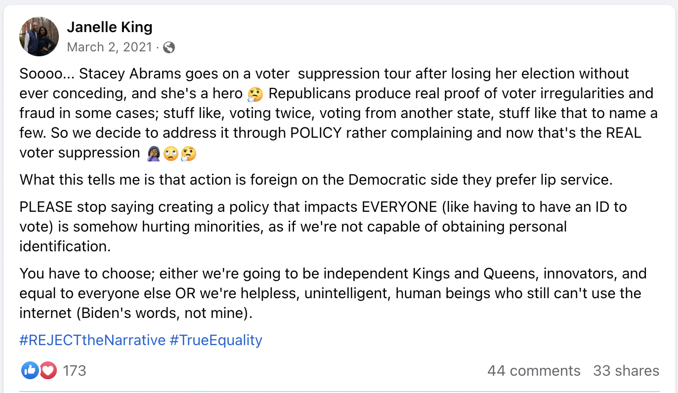 Soooo... Stacey Abrams goes on a voter  suppression tour after losing her election without ever conceding, and she's a hero 🤔 Republicans produce real proof of voter irregularities and fraud in some cases; stuff like, voting twice, voting from another state, stuff like that to name a few. So we decide to address it through POLICY rather complaining and now that's the REAL voter suppression 🤦🏾‍♀️🙄🤔 What this tells me is that action is foreign on the Democratic side they prefer lip service.  PLEASE stop 