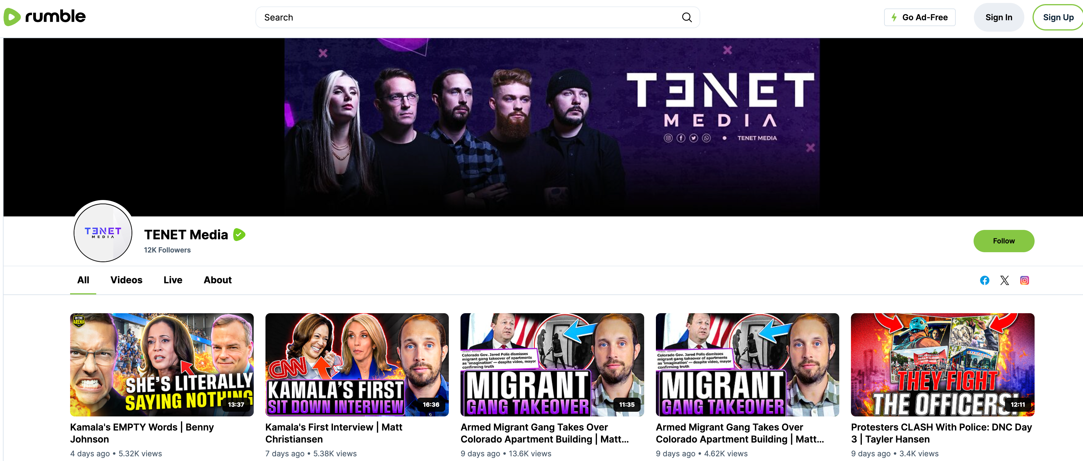 Tenet Media Rumble page