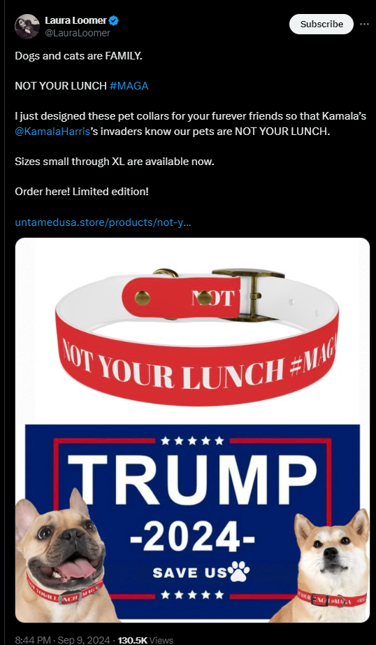 Loomer's tweet promoting her dog collar business