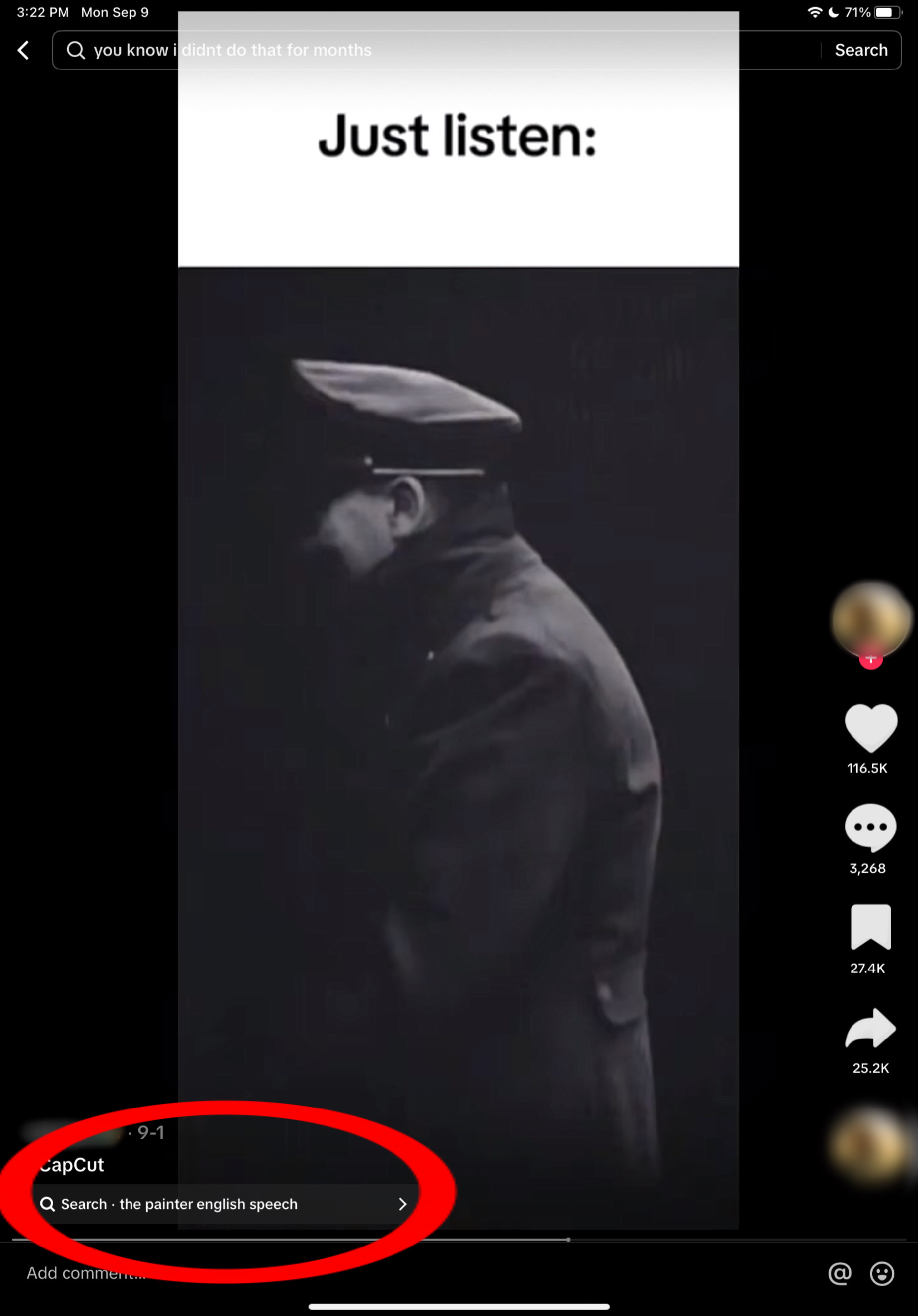 TikTok search prompting feature directing users to look for more speeches by Hitler "the painter english speech" 