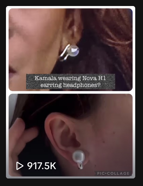 TikTok video claiming that Harris was wearing an earpiece, with 917k views