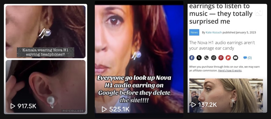 TikTok videos claiming that Harris was wearing an earpiece, with over 1.5 million combined views