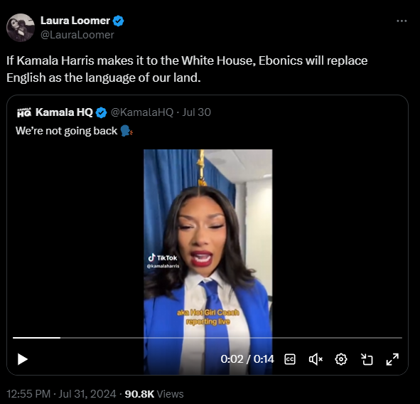 Laura Loomer posting: "If Kamala Harris makes it to the White House, Ebonics will replace English as the language of our land."