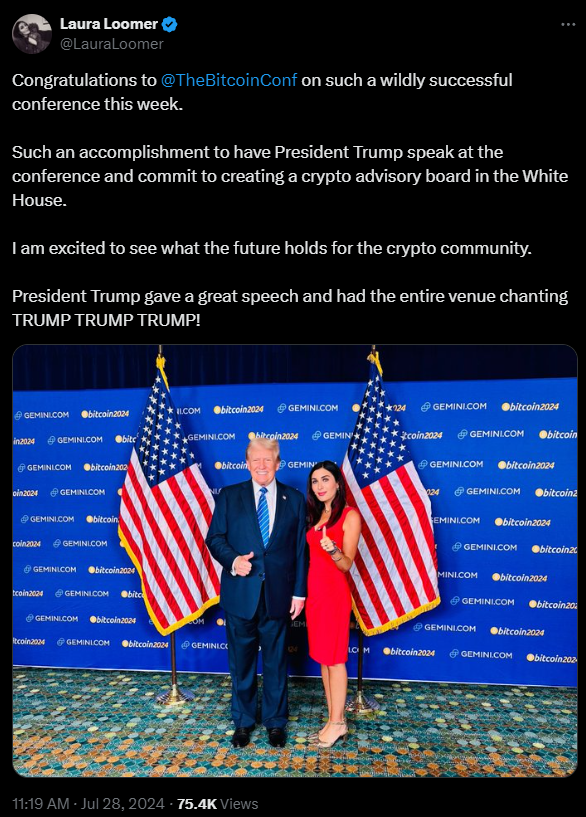 Laura Loomer posing with Donald Trump at bitcoin conference
