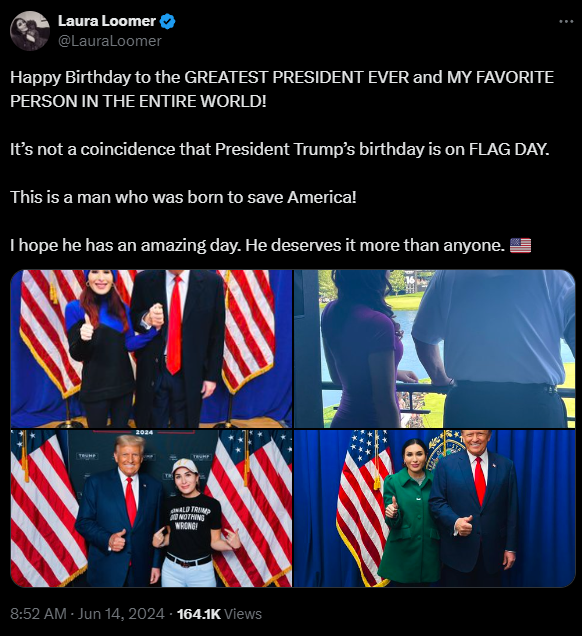 Laura Loomer posting multiple photos of herself with Donald Trump