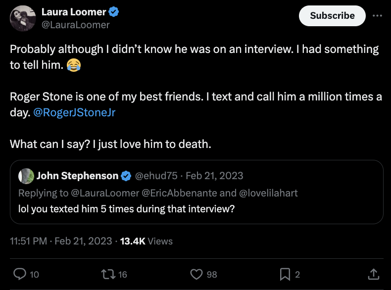 Tweet from Laura Loomer 2/21/23