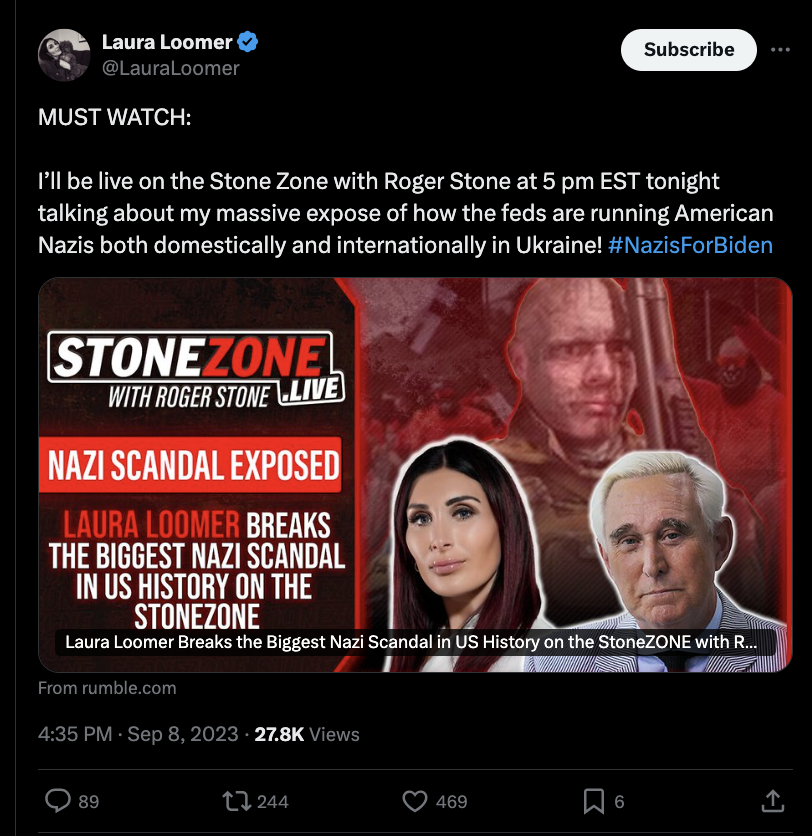 Tweet from Laura Loomer 9/8/23