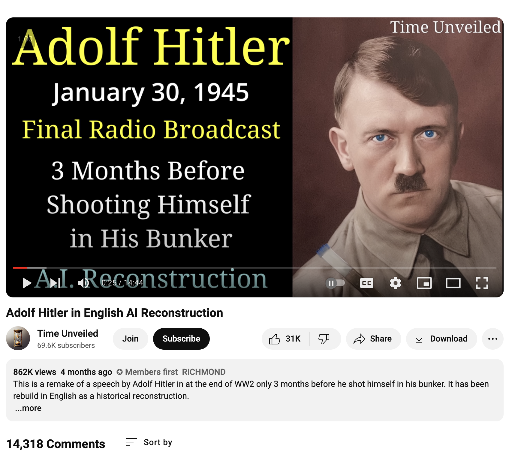 YouTube video with AI reconstructed English language Hitler speech  