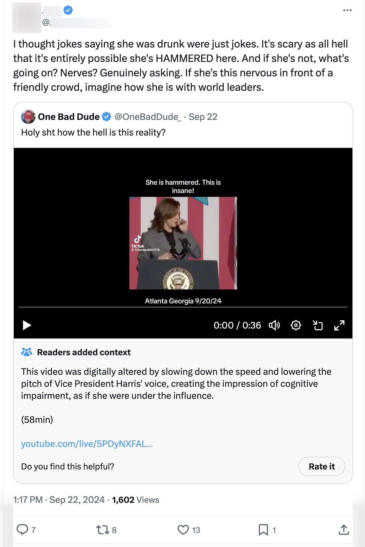 X post claiming harris is drunk