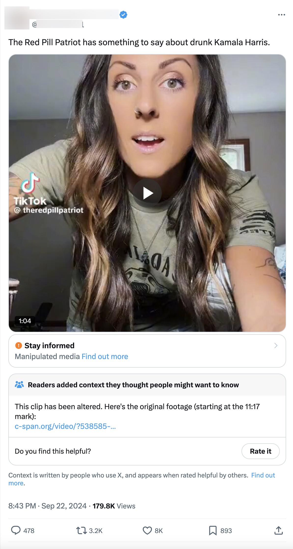 X post with manipulated media of Harris_20240922