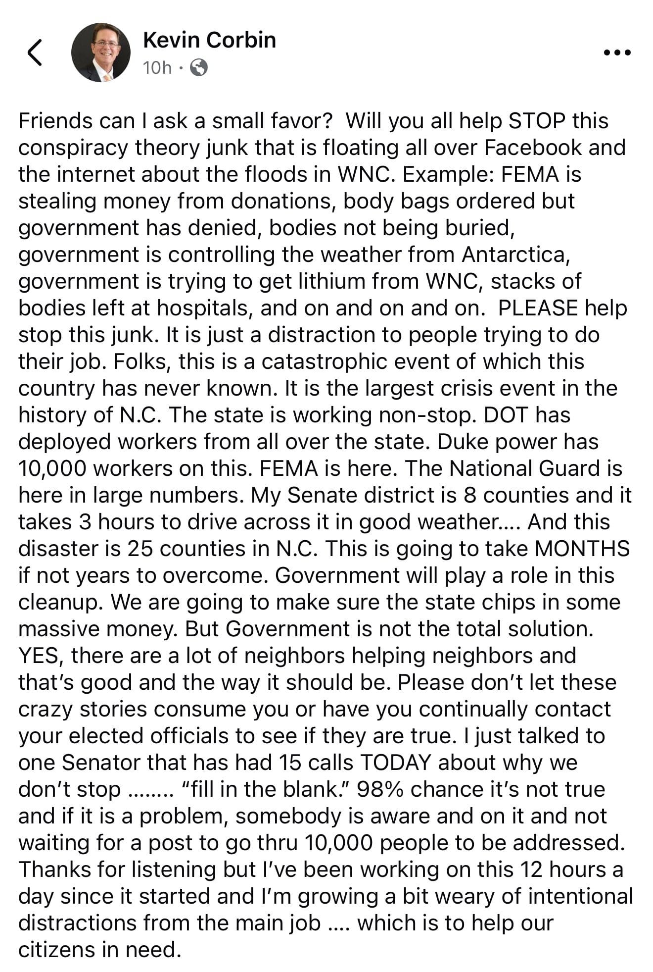 Sen. Kevin Corbin's Facebook post