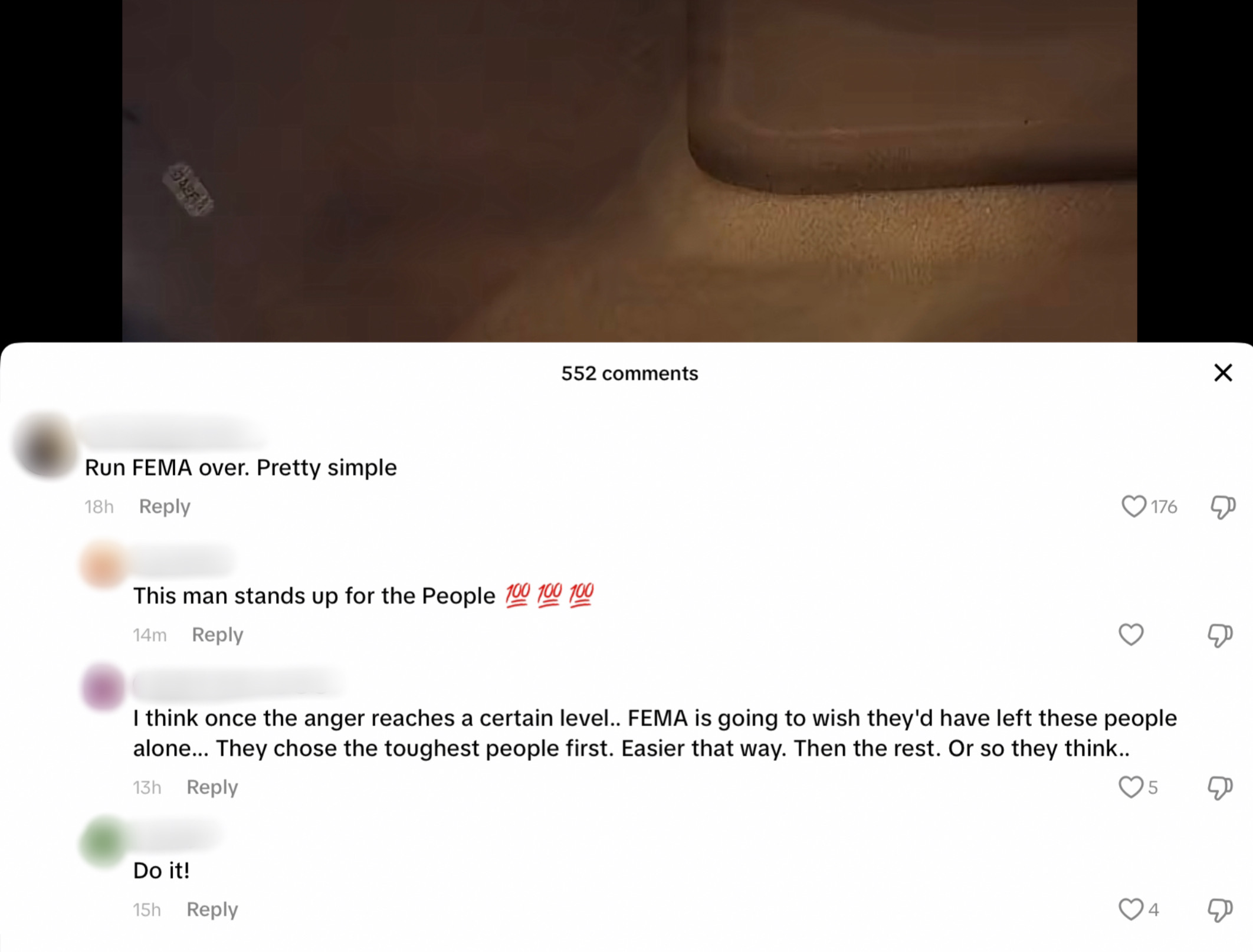 Comments on a TikTok video spreading misinformation about FEMA