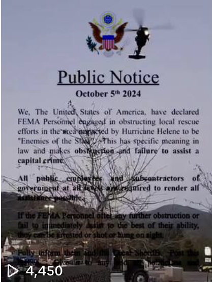 Calls for FEMA personnel to be "arrested or shot or hung" 